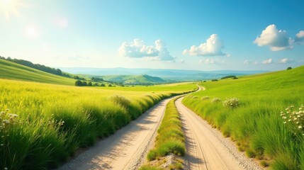 Fototapeta premium Serene Country Road Winding Through Lush Green Fields Under a Bright Sunny Sky
