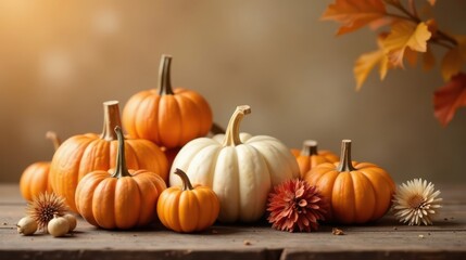 Autumnal Still Life Featuring a Collection of Pumpkins and Fall Foliage on a Rustic Wooden Surface