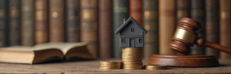 House miniature on stack of coins, gavel, law book at background. Estate planning process to determine how individuals assets managed, preserved, distributed after death in incapacitation.