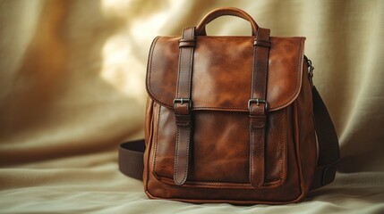 Rustic Leather Backpack on Beige Fabric