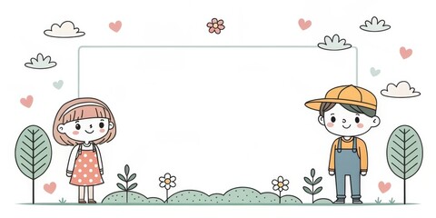 a cute illustration of a boy and girl stands on grass, with blank frame