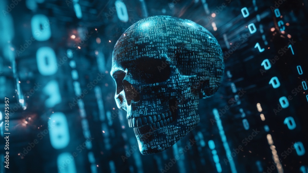 Fototapete Digital skull composed of binary code with glowing blue light and matrix background. Cybersecurity and hacking concept