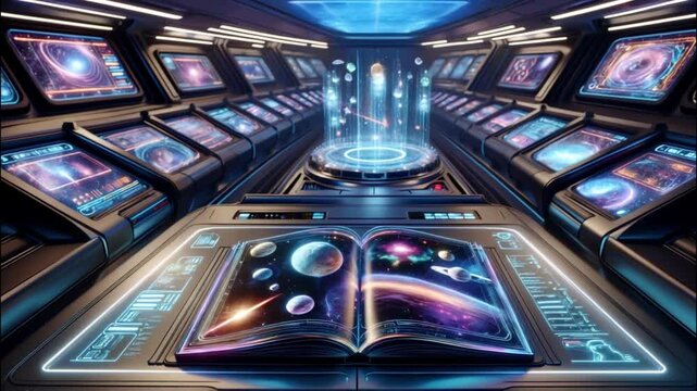Futuristic holographic book on a sleek spaceship control desk, with glowing pages displaying floating data and graphics.

