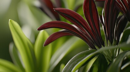 Obraz premium A vibrant, deep purple flower, its petals sharply in focus, stands out against a softly blurred green background, a testament to nature's beauty in its intricate details. 