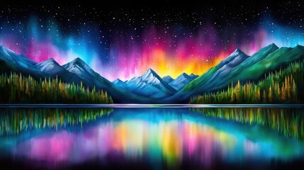 A vibrant landscape featuring majestic mountains, colorful auroras, and a serene lake reflecting the stunning night sky.