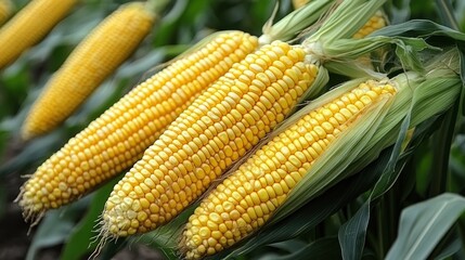 Ripe corn cobs in a field
