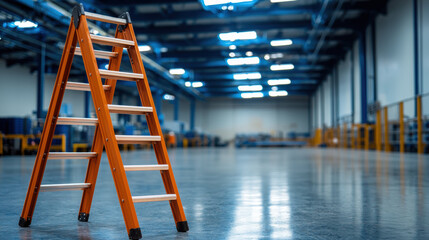 sturdy orange ladder stands in spacious industrial warehouse, emphasizing safety and proper usage
