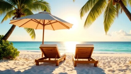two wooden sun loungers with white cushions under a beige beach umbrella on a tropical sandy shore with lush palm trees, overlooking turquoise ocean at sunset, luxury vacation, travel, and relaxation
