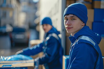 Two young male workers in blue uniforms unloading furniture from a truck.