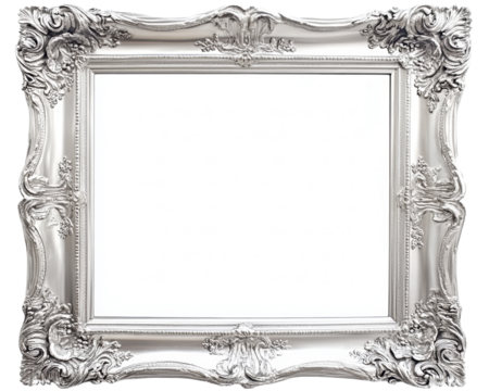 Ornate silver picture frame, white isolated background