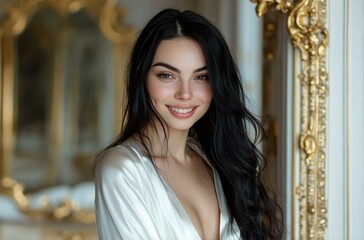 Fototapeta premium Portrait of a Young Woman with Long Dark Hair in a Satin Robe and Smiling near Ornate Gold Mirror