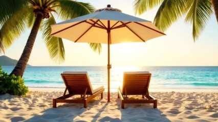 two wooden sun loungers with cushions under a beach umbrella on a tropical sandy shore surrounded by lush palm trees, overlooking a turquoise ocean at sunset, luxury vacation, travel, and relaxation