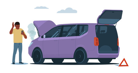 A black man near a broken down car with the hood open. Vector illustration. © lyudinka