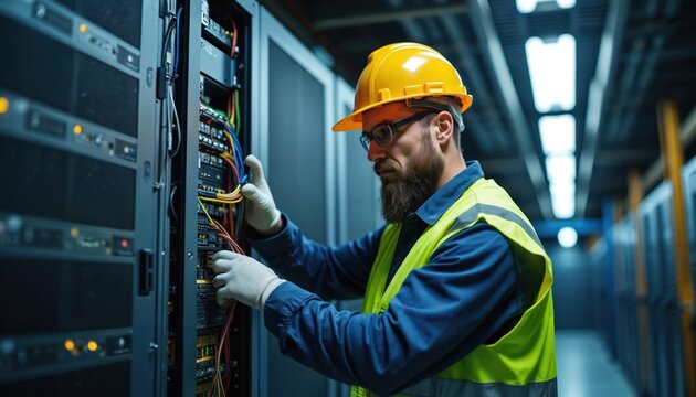 Electrician in hard hat installs electrical panel in data center. Engineer connects wires, cables on server racks. Man works with high tech equipment, IT infrastructure.