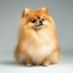 Obraz premium Adorable pomeranian dog with fluffy coat sitting playfully on a bright green lawn under the warm sunlight