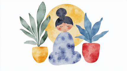 A serene illustration of a woman meditating with colorful plants and a golden circle in the background.