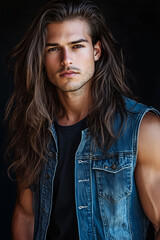 Fototapeta premium Handsome Man with Long Hair and Denim Vest
