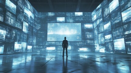Person silhouetted against glowing data screens.
