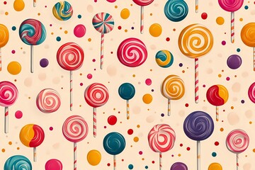 Round lollipop with vibrant rainbow colors, classic hard candy on a stick, sugary treat illustration for packaging and branding, comic book style
