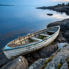 Obraz premium Old Rowboat on Rocky Coastline: Seascape Photography