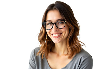 Obraz premium Portrait of a smiling young woman with glasses, isolated on white background. Cheerful and approachable for corporate, education, beauty, and lifestyle projects. Isolated on transparent background.