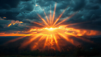 Obraz premium Dramatic Sunset Landscape with Intense Sunbeams and Dark Clouds