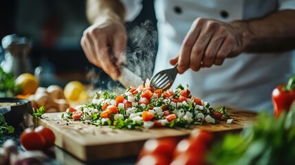 Local restaurant chef preparing signature dish, lively kitchen with fresh ingredients, reflecting passion and small business growth