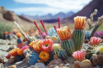 Blooming cacti and vibrant flowers in a desert landscape nature photography colorful environment close-up view