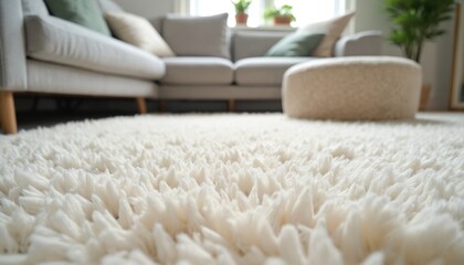 Close-up on clean fluffy white carpet in apartment living room. Plush rug texture with visible threads. Cozy comfort floor decor for home interior. Modern lifestyle design element, soft touch