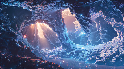 AI-generated fractal landscapes with luminous structures