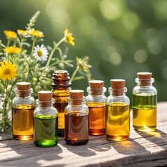 Aromatherapy essential oils, herbal tinctures in small glass bottles on wooden table outdoors in sunlight.  