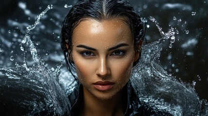 Woman, water splash, portrait, dark background, beauty