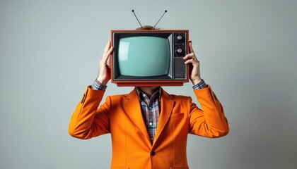 Retro TV instead of head. Man with screen-head wearing orange suit, looks stylish. Media zombie concept with TV addicted person in costume. Modern collage, contemporary minimal art.
