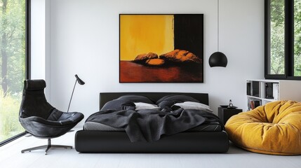 Modern bedroom, black furniture, yellow artwork, forest view, interior design
