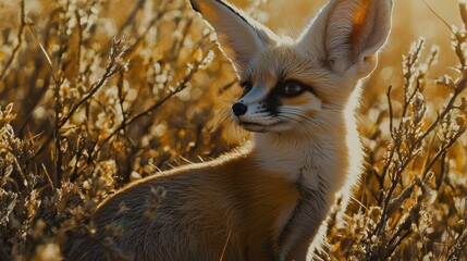 Obraz premium Fox portrait in golden grasslands wildlife photography nature setting close-up perspective animal behavior