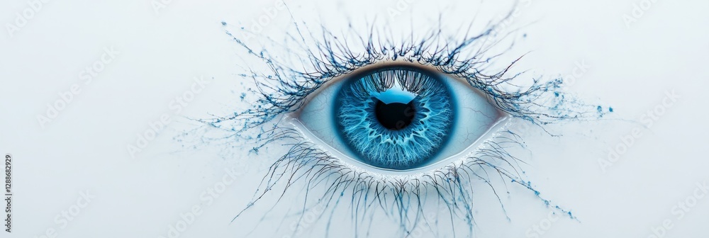 Poster artistic representation of a vibrant blue eye with eyelashes splashing outwards, creating a captivat