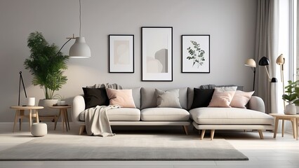 A contemporary living room featuring a minimalist brown sofa with two cushions and a plaid throw blanket draped over one arm.