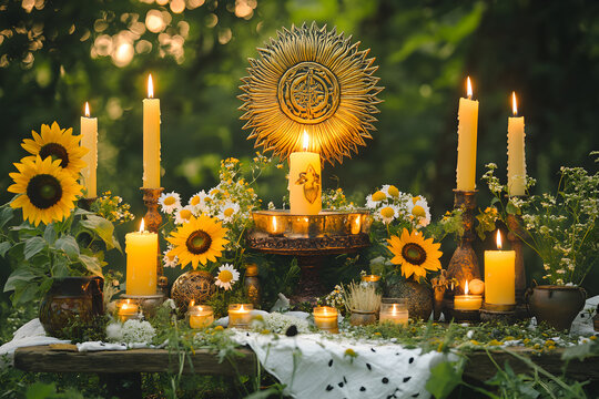 A bright and simple Litha altar on a modest wooden table near an open window. A single sunflower stands in a glass jar, accompanied by a golden candle and a small bowl of fresh summer fruits