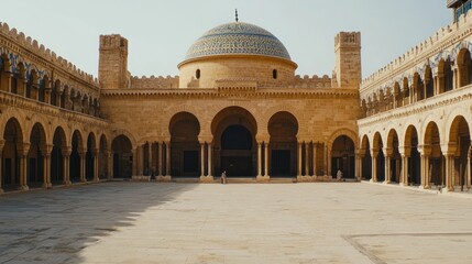 Naklejka premium Tunisian Mosque Courtyard, sunny day, ancient architecture, travel