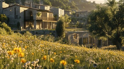 Hillside village homes nestled in wildflowers at sunset.