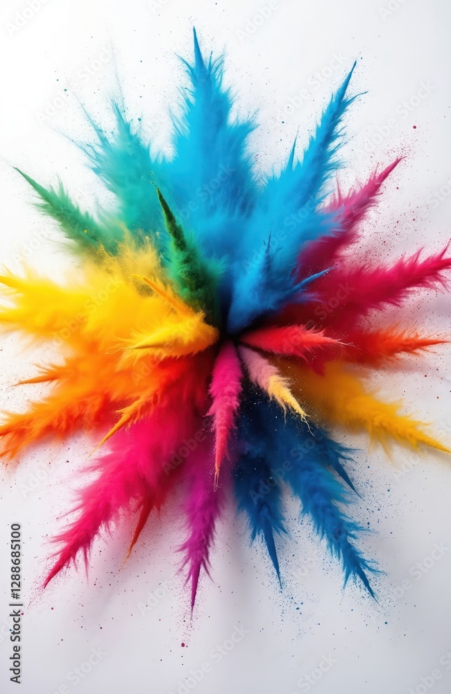 Poster rainbow powder color explosion isolated on white background. abstract burst of colored dust particle