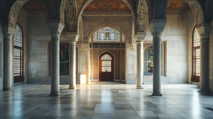 Obraz premium Sunlit Palace Hall, Marble Floor, Archways, Persian Design, Interior Design