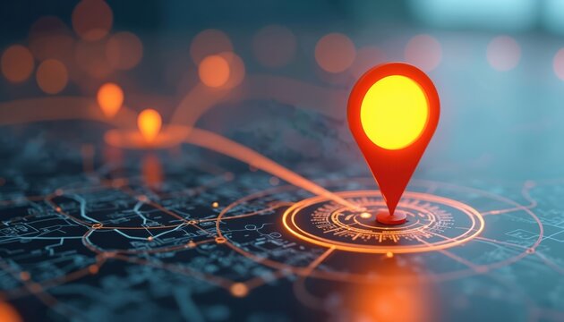 Digital AI tech map displaying location with orange pins set. Innovation in delivery services and map location for future transport logistics, geolocation. 3D illustration abstract background.