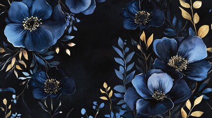 Fototapeta premium Dark moody watercolor themes. Dark moody watercolor themes. Elegant dark floral design with blue flowers.