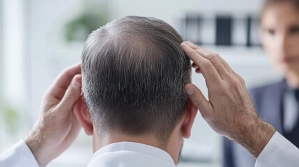 Hair restoration consultation with a specialist in a sleek office. Featuring expertise and trust