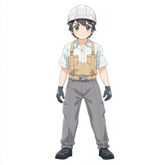 Anime Style Construction Worker with Hardhat and Safety Vest Gear Standing Proudly on White Backdrop