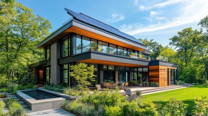 Obraz premium Rooftop solar panels on modern house, surrounded by greenery and sunny skies, showcasing sustainable energy in residential architecture