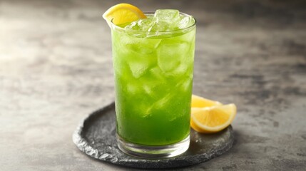 Fototapeta premium Refreshing Green Beverage with Ice and Lemon Slice on Slate Tray