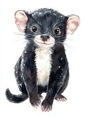 Fototapeta premium Charming Tasmanian Devil Cub Watercolor Portrait Depicting Vulnerability and Youthful Curiosity
