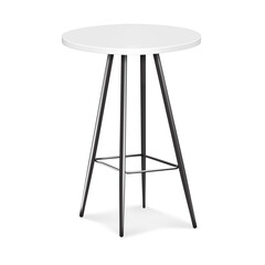 High cocktail table with white round countertop and black metal legs. Realistic 3d vector mockup. Four legged circular counter bar height table. Mock-up